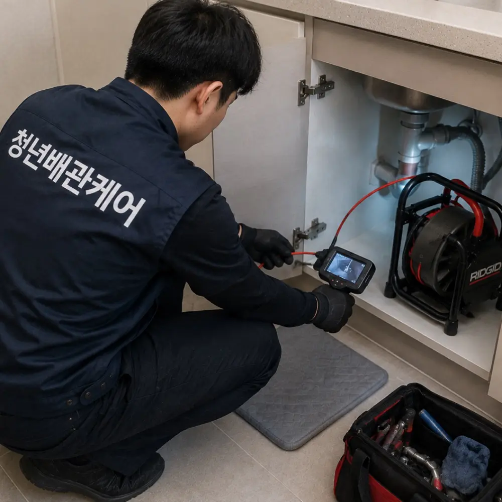 싱크대 하부 배수 트랩과 배관 내부를 점검하는 작업
